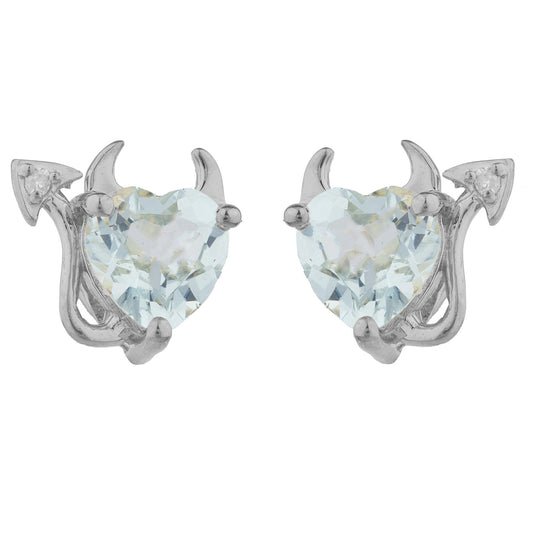 Aquamarine & Diamond Devil Heart Stud Earrings 14Kt White Gold