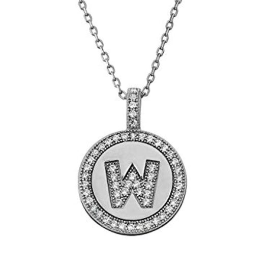 Letter W Micro Pave Initial CZ Pendant .925 Sterling Silver