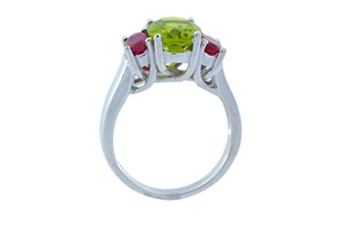 3.5 Ct Peridot & Ruby Oval Ring .925 Sterling Silver Rhodium Finish