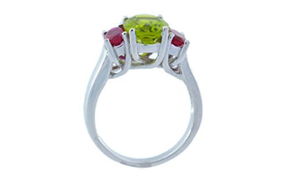 3.5 Ct Peridot & Ruby Oval Ring .925 Sterling Silver Rhodium Finish