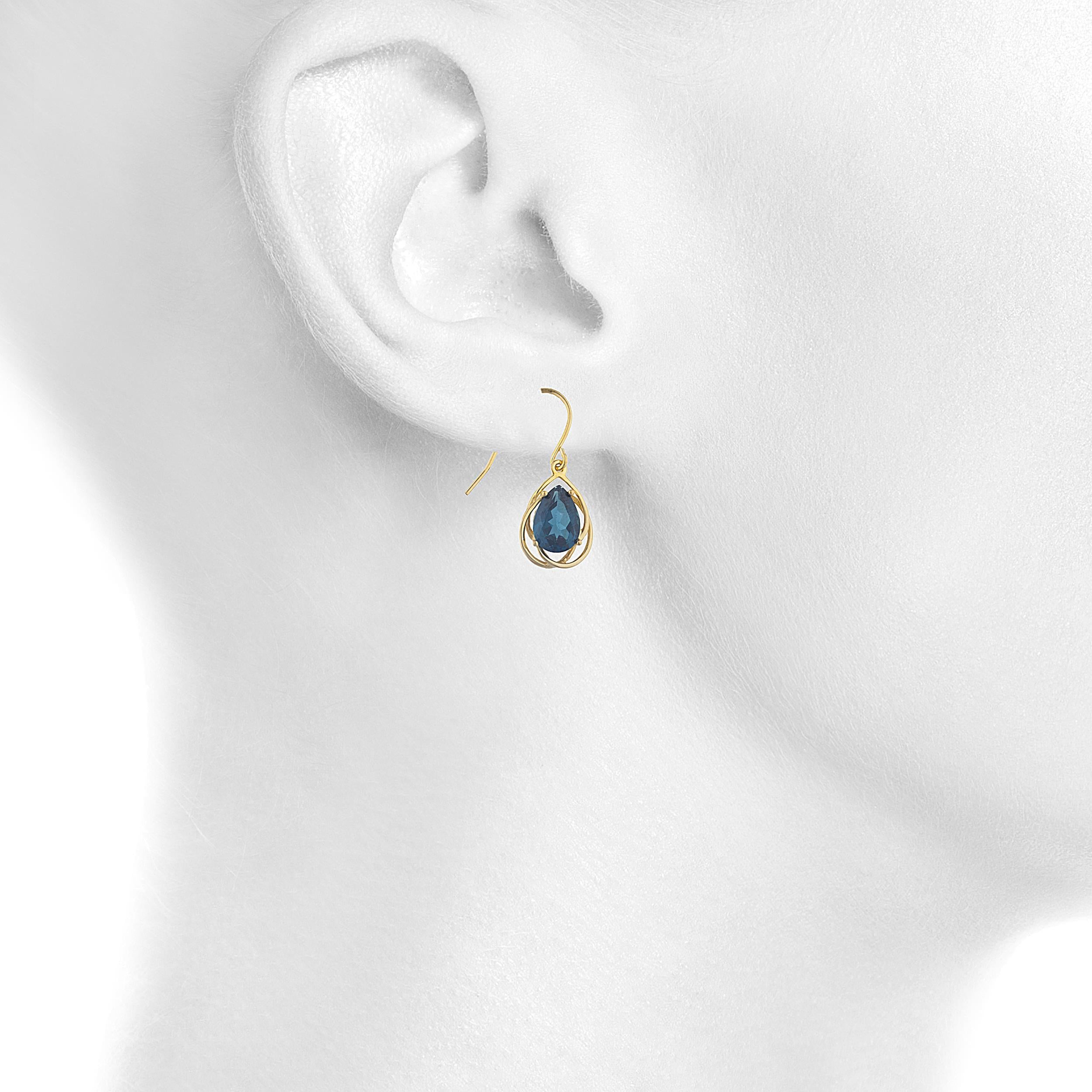 14Kt Gold 4 Ct London Blue Topaz Pear Teardrop Design Dangle Earrings
