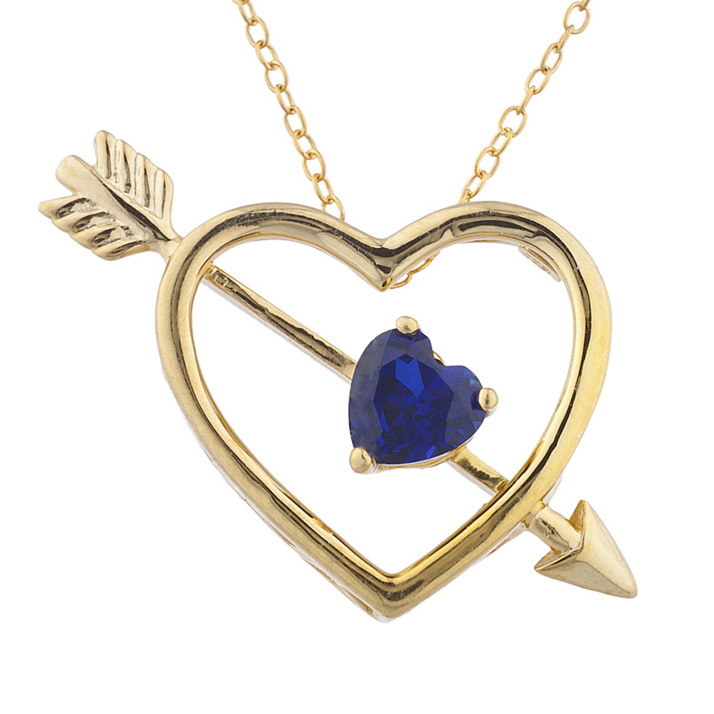 14Kt Yellow Gold Plated Blue Sapphire Heart Bow & Arrow Pendant