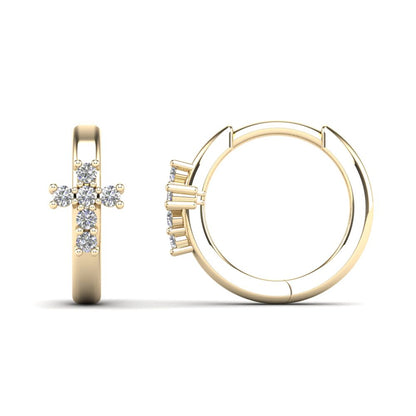 14Kt Yellow Gold 0.12 Ct Genuine Natural Diamond Cross Huggie Earrings