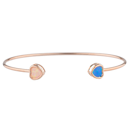 14Kt Gold Blue & Pink Opal Heart Bezel Bangle Bracelet