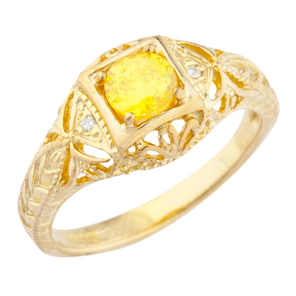 14Kt Gold Yellow Citrine & Diamond Design Round Ring