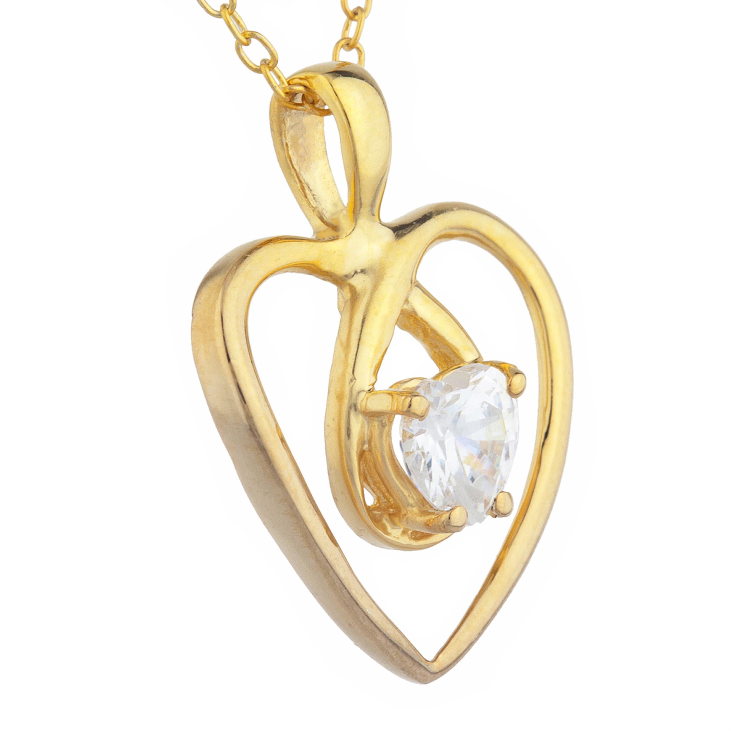 14Kt Gold White Sapphire Heart Design Pendant Necklace