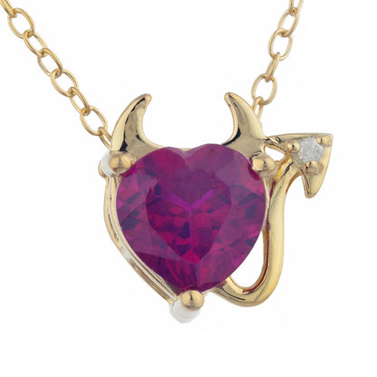 14Kt Gold 1.5 Ct Created Ruby & Diamond Devil Heart Pendant Necklace