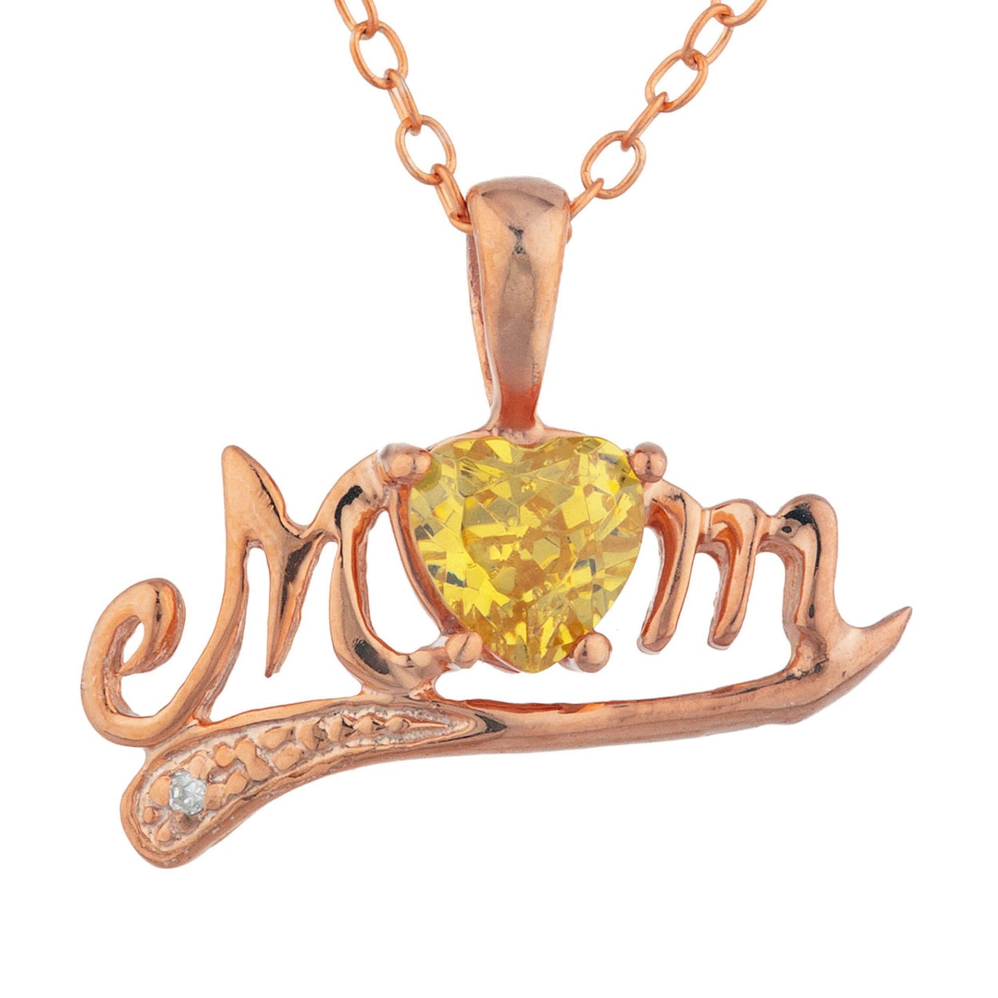 14Kt Gold Yellow Citrine & Diamond Heart Mom Pendant Necklace