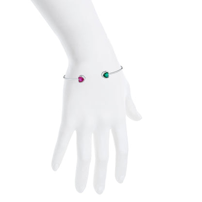 Created Ruby & Emerald Heart Bezel Bangle Bracelet .925 Sterling Silver