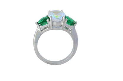 5 Ct Mercury Mist Oval & Emerald Heart Ring .925 Sterling Silver Rhodium Finish