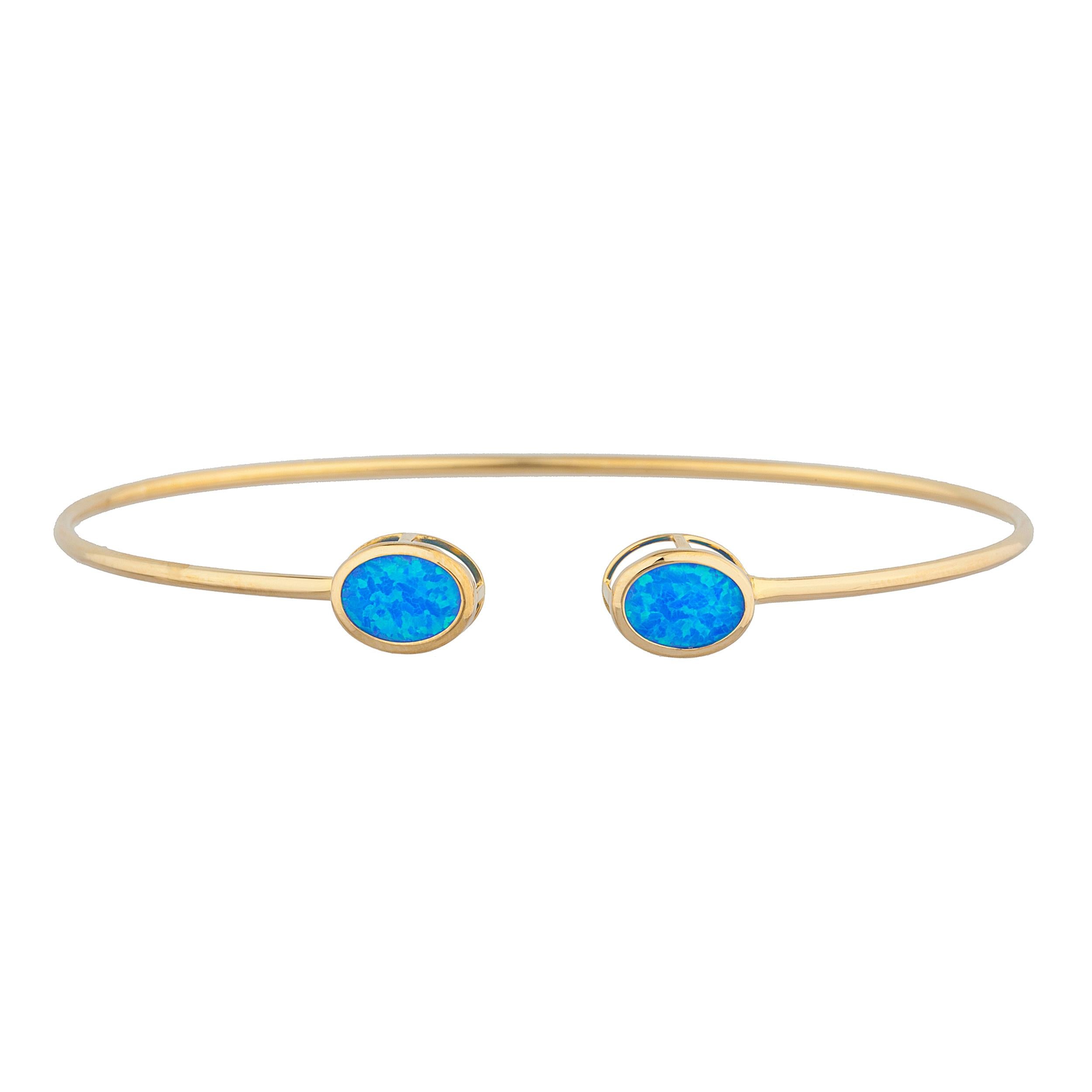 14Kt Gold Blue Opal Oval Bezel Bangle Bracelet