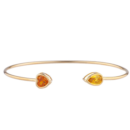 Orange Citrine Heart & Yellow Citrine Pear Bezel Bangle Bracelet 14Kt Yellow Gold Plated Over .925 Sterling Silver