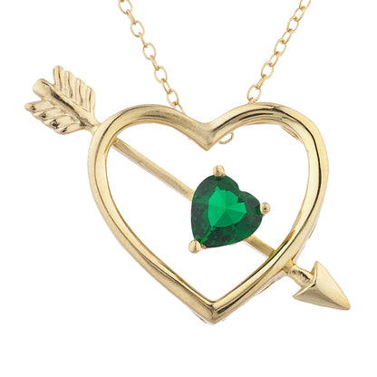 14Kt Gold Emerald Heart Bow & Arrow Pendant Necklace