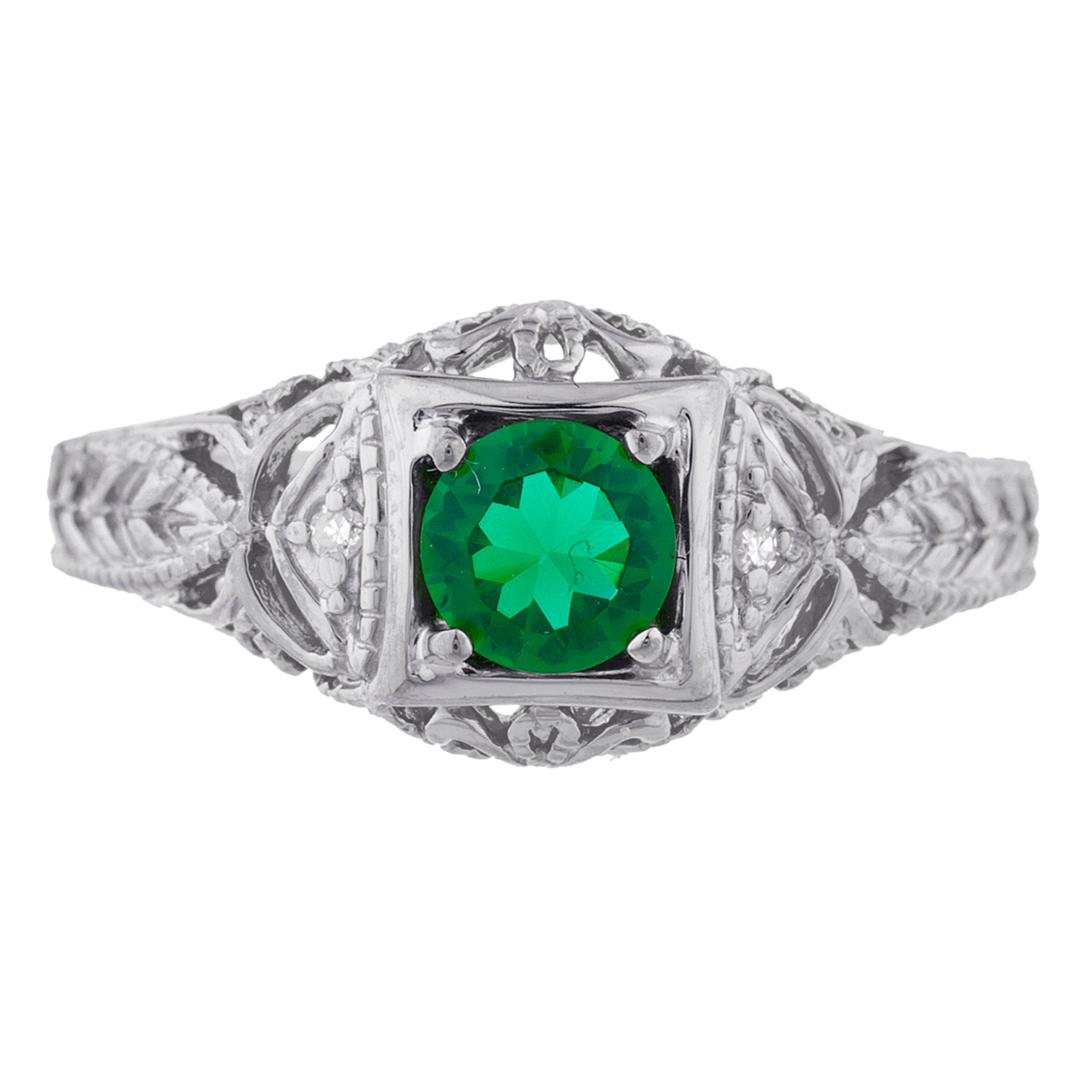 14Kt Gold Emerald & Diamond Design Round Ring