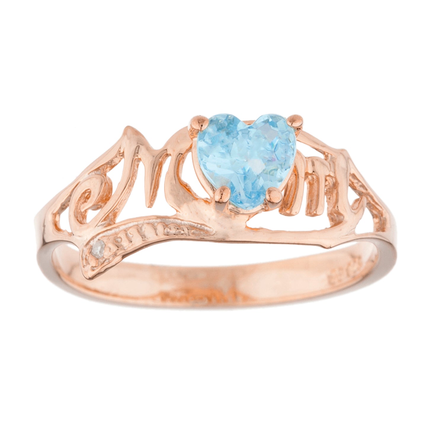 14Kt Gold Blue Topaz & Diamond Heart Mom Ring