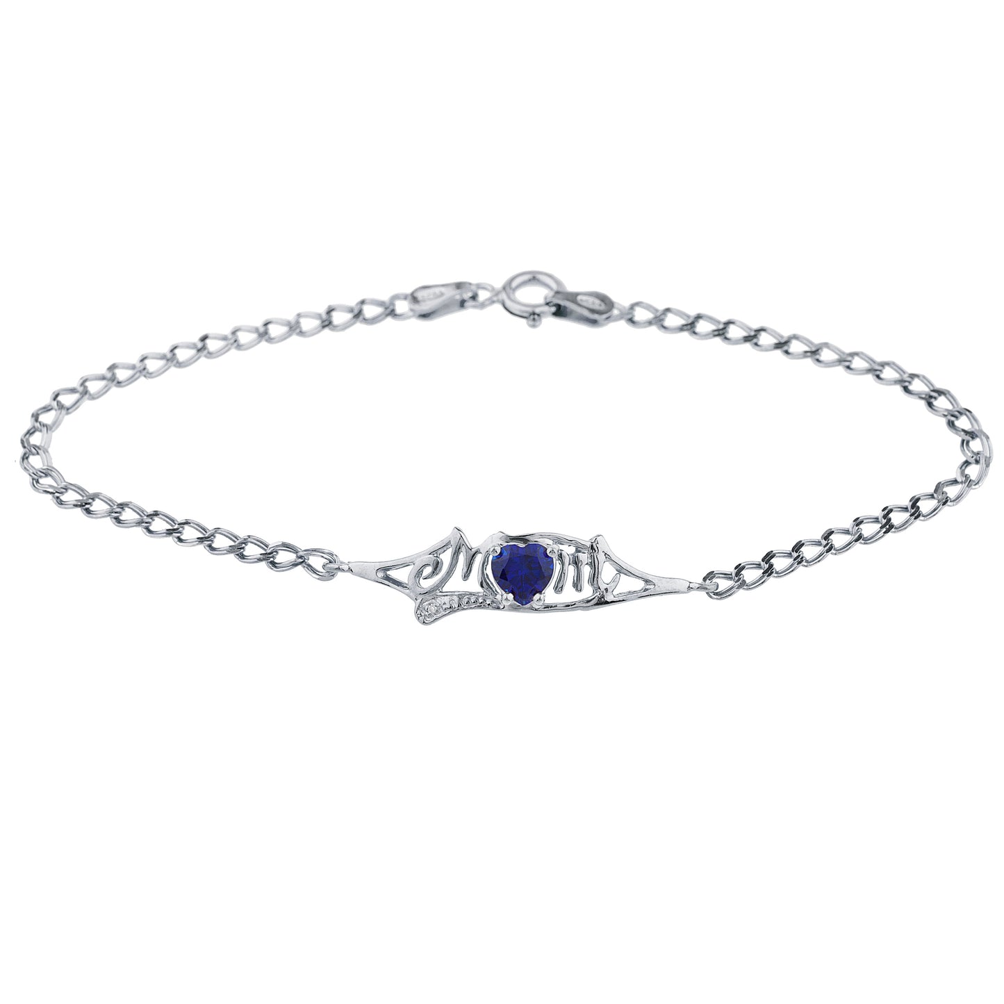 Blue Sapphire & Diamond Heart Mom Bracelet .925 Sterling Silver