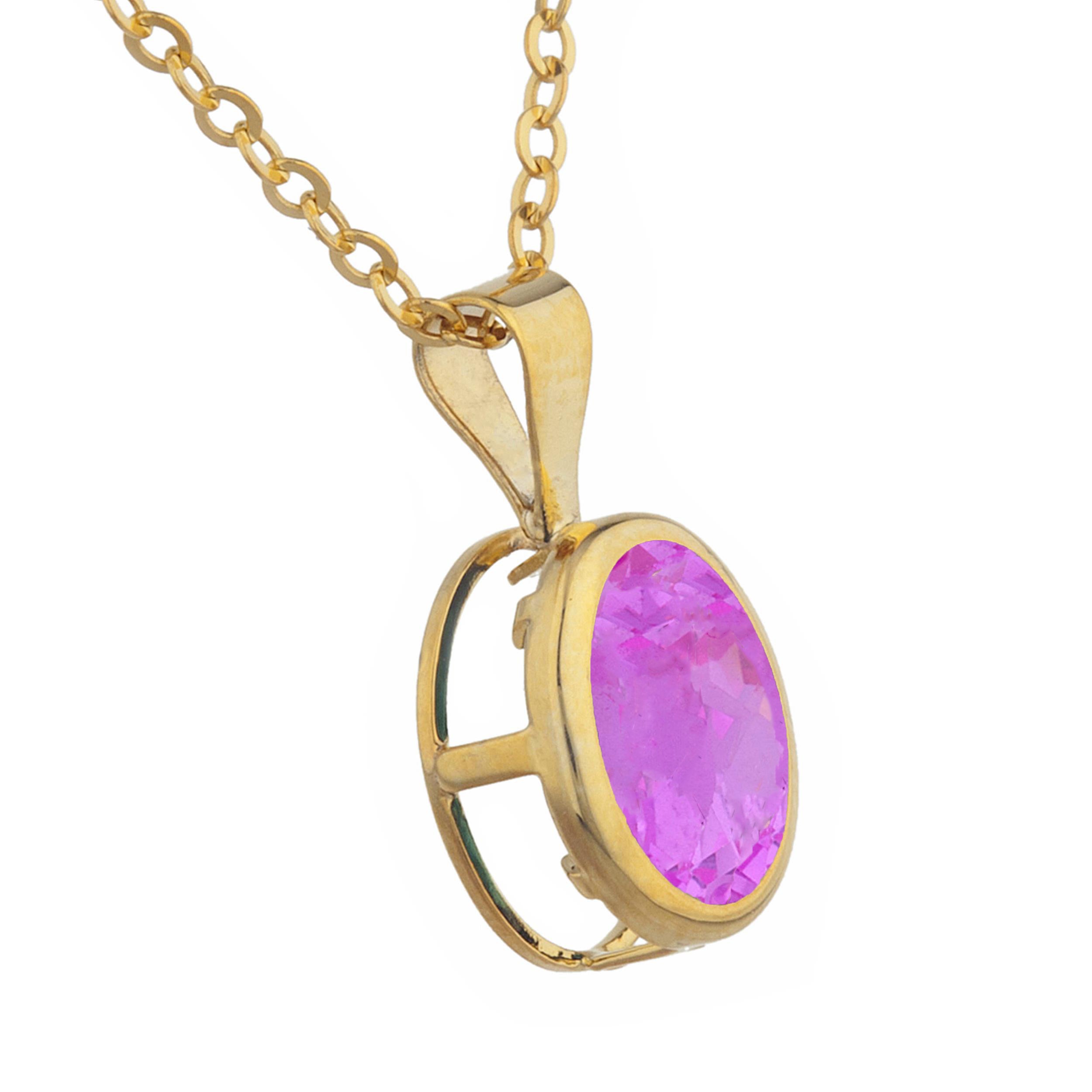 14Kt Gold Pink Sapphire Oval Bezel Pendant Necklace