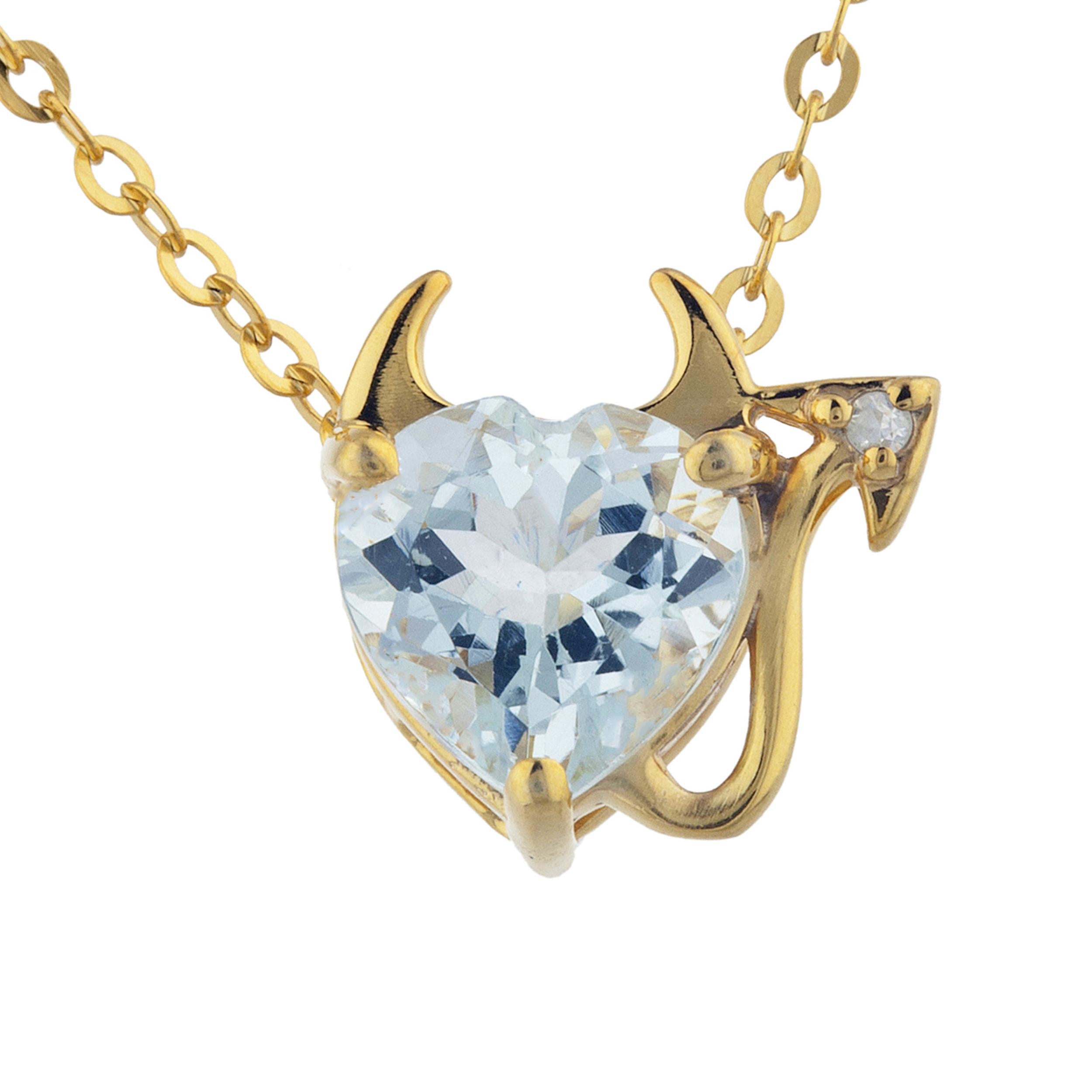 14Kt Gold 1.5 Ct Genuine Aquamarine & Diamond Devil Heart Pendant Necklace