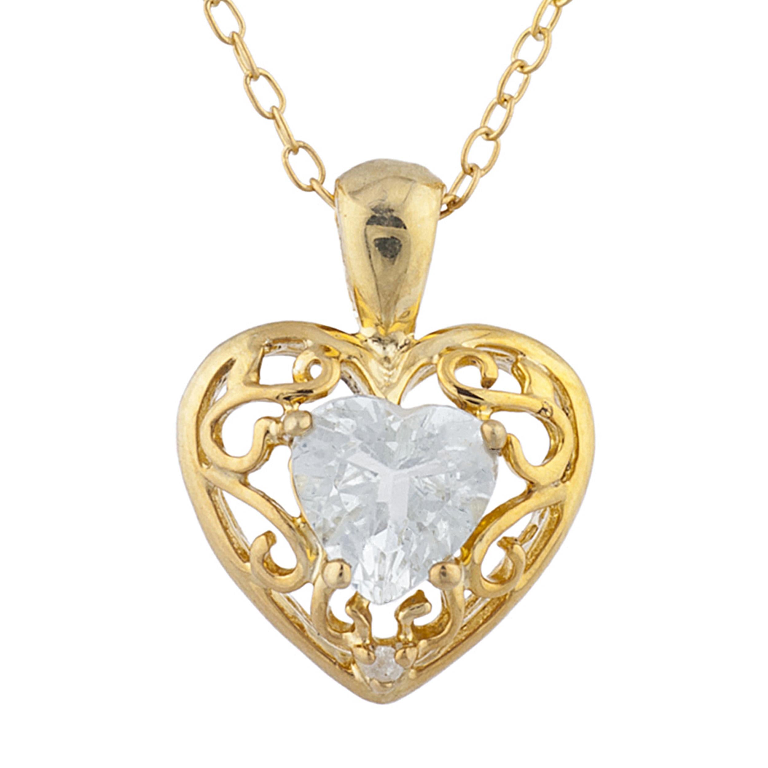 14Kt Gold White Sapphire & Diamond Heart LOVE ENGRAVED Pendant Necklace