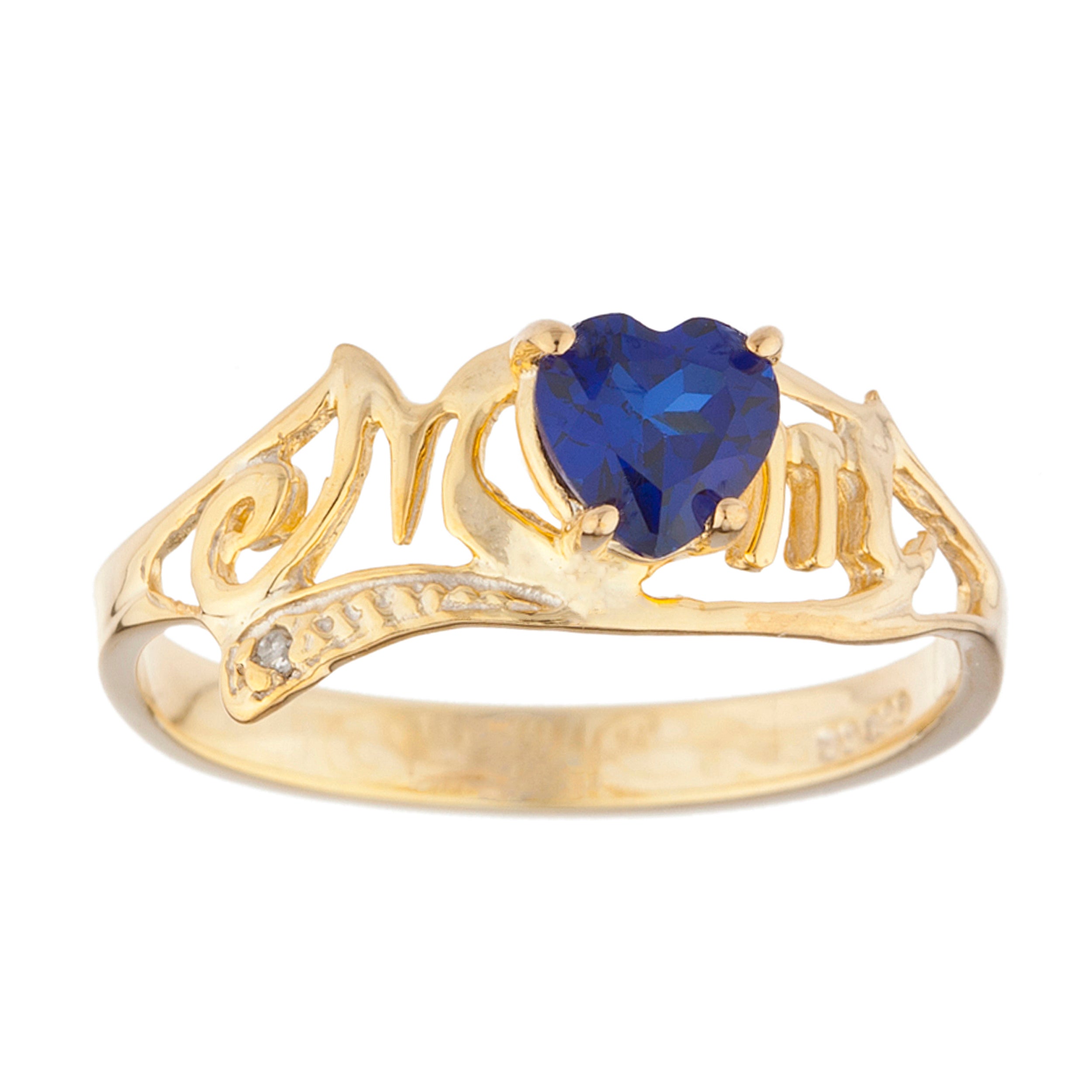 14Kt Gold Blue Sapphire & Diamond Heart Mom Ring