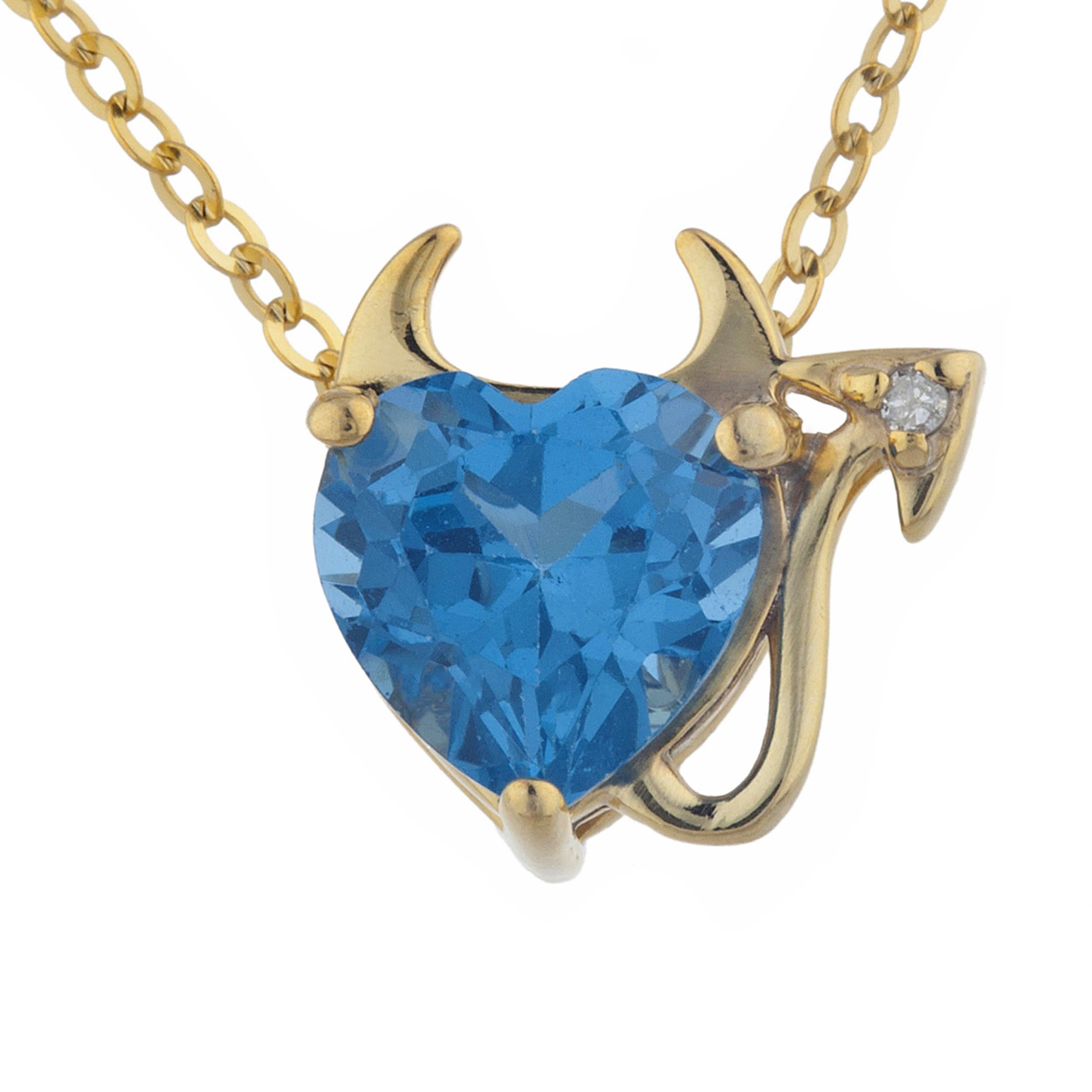 14Kt Gold 1.5 Ct London Blue Topaz & Diamond Devil Heart Pendant Necklace