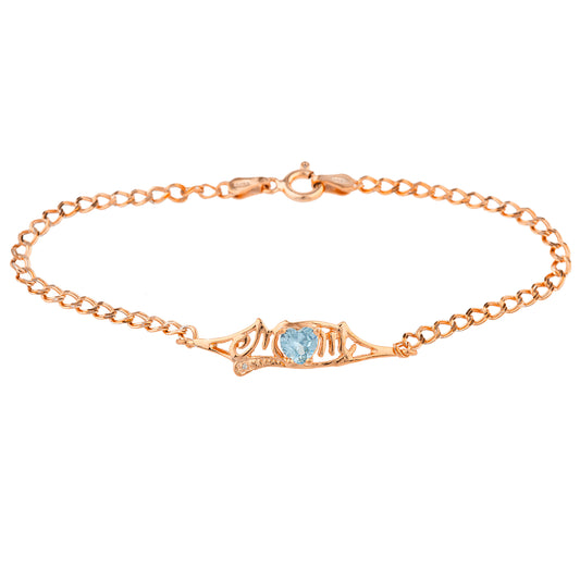 Aquamarine & Diamond Heart Mom Bracelet 14Kt Rose Gold Plated Over .925 Sterling Silver