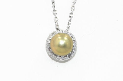 Yellow Freshwater Pearl Round Diamond Pendant .925 Sterling Silver Rhodium Finish