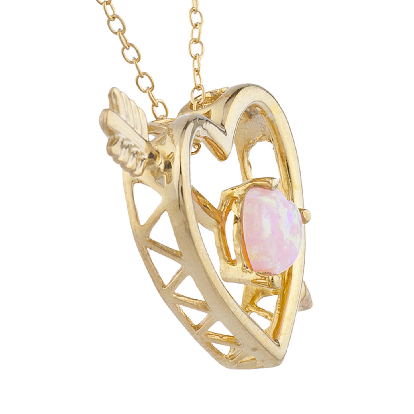 14Kt Gold Pink Opal Heart Bow & Arrow Pendant Necklace