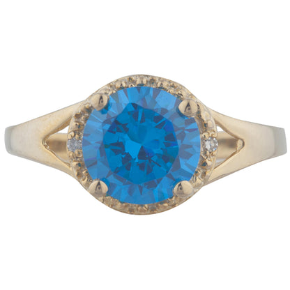 14Kt Gold 2 Ct Swiss Blue Topaz & Diamond Halo Design Round Ring