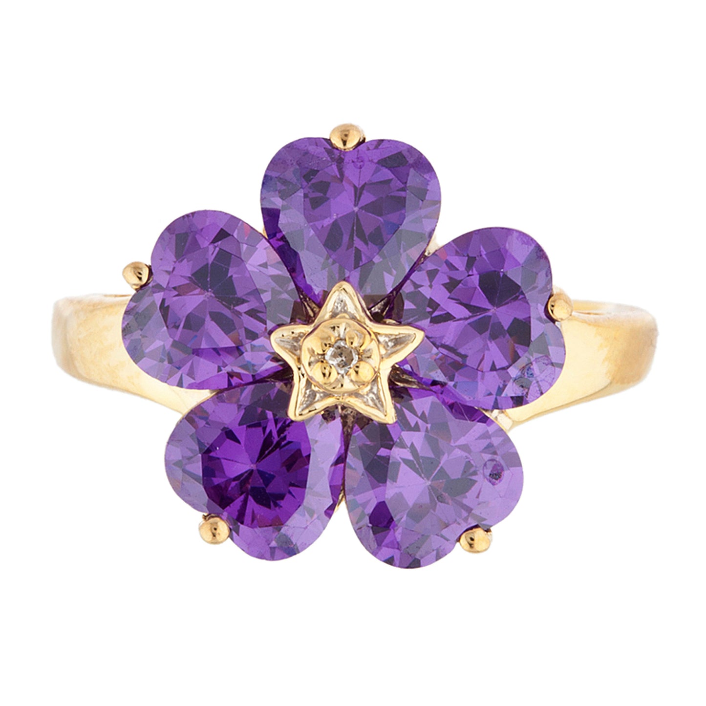 14Kt Gold Amethyst & Diamond Heart Flower Design Ring