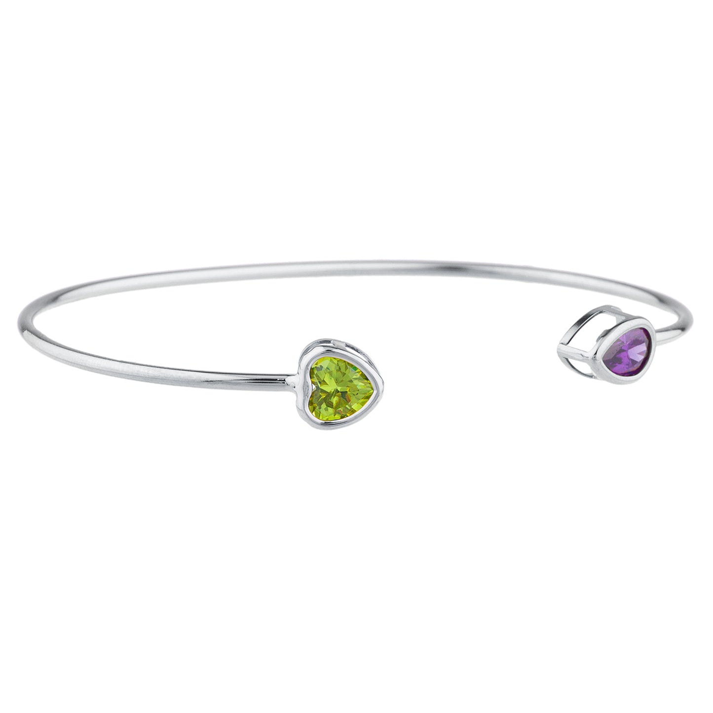 Peridot Heart & Amethyst Pear Bezel Bangle Bracelet .925 Sterling Silver Rhodium Finish