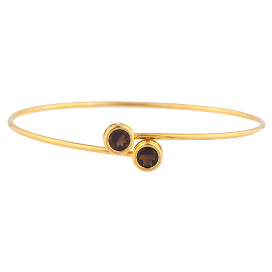 14Kt Yellow Gold Plated Genuine Smoky Topaz Round Bezel Bangle Bracelet