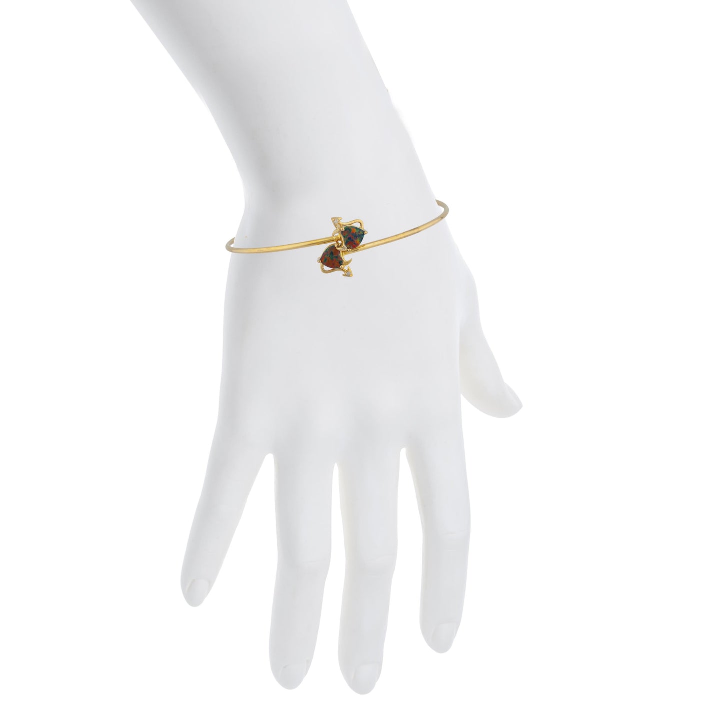 Black Opal & Diamond Devil Heart Bangle Bracelet 14Kt Yellow Gold Rose Gold Silver