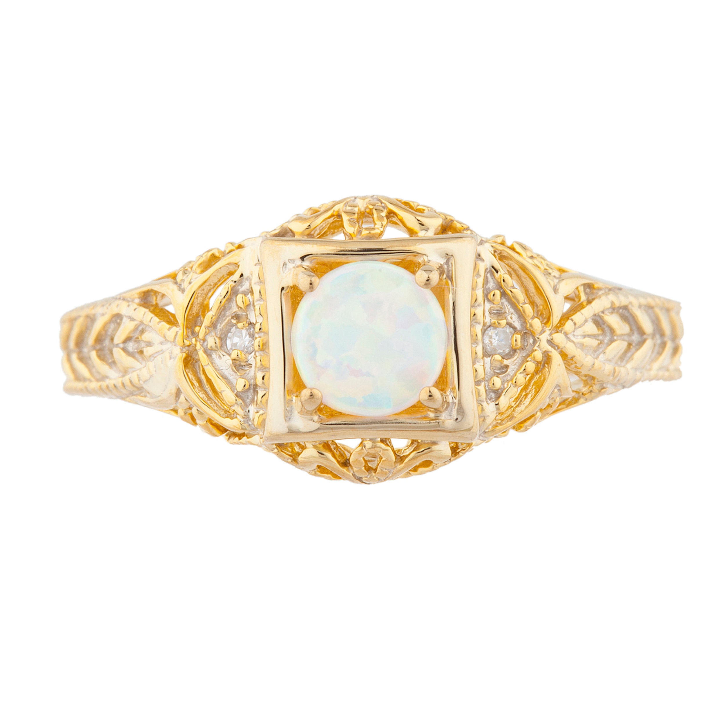 14Kt Gold Genuine Opal & Diamond Design Round Ring