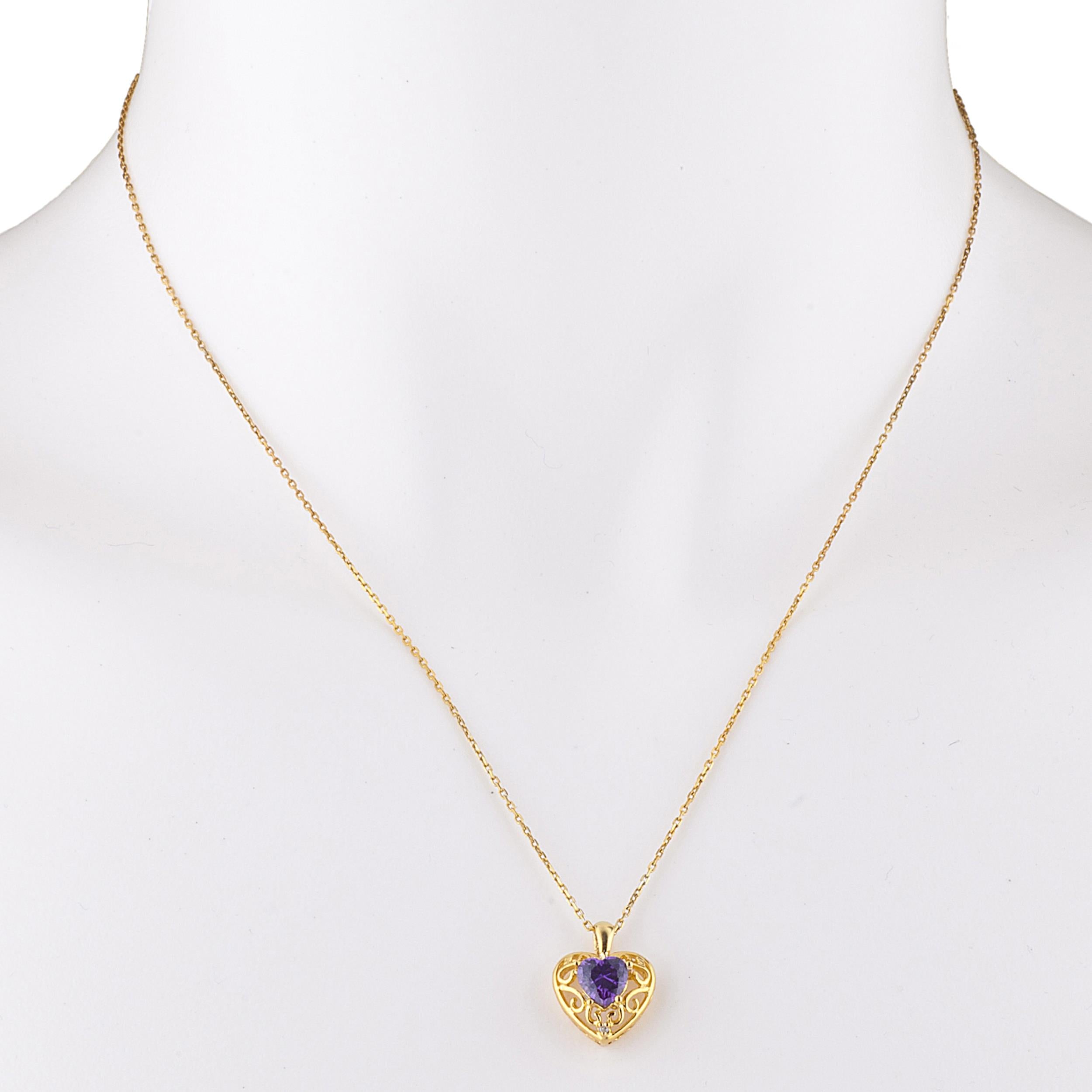 14Kt Gold Amethyst & Diamond Heart LOVE ENGRAVED Pendant Necklace