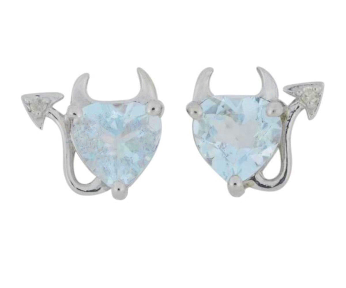 Aquamarine & Diamond Devil Heart Stud Earrings .925 Sterling Silver