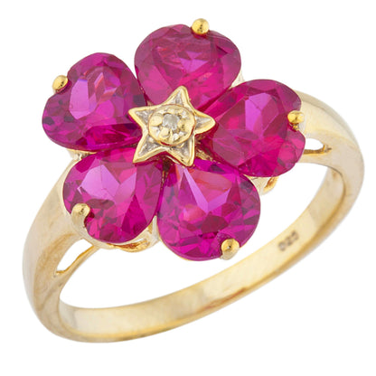 14Kt Gold Created Ruby & Diamond Heart Flower Design Ring