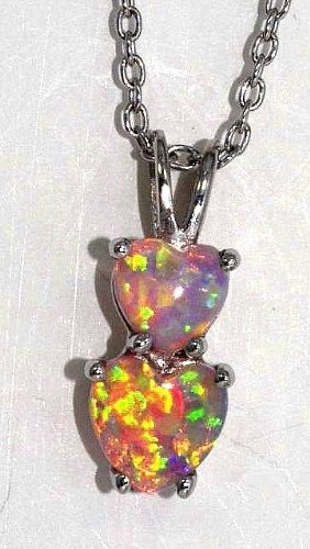 Pink Opal Double Heart Pendant .925 Sterling Silver Rhodium Finish