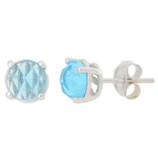 2 Ct Aquamarine Checkerboard Round Stud Earrings .925 Sterling Silver