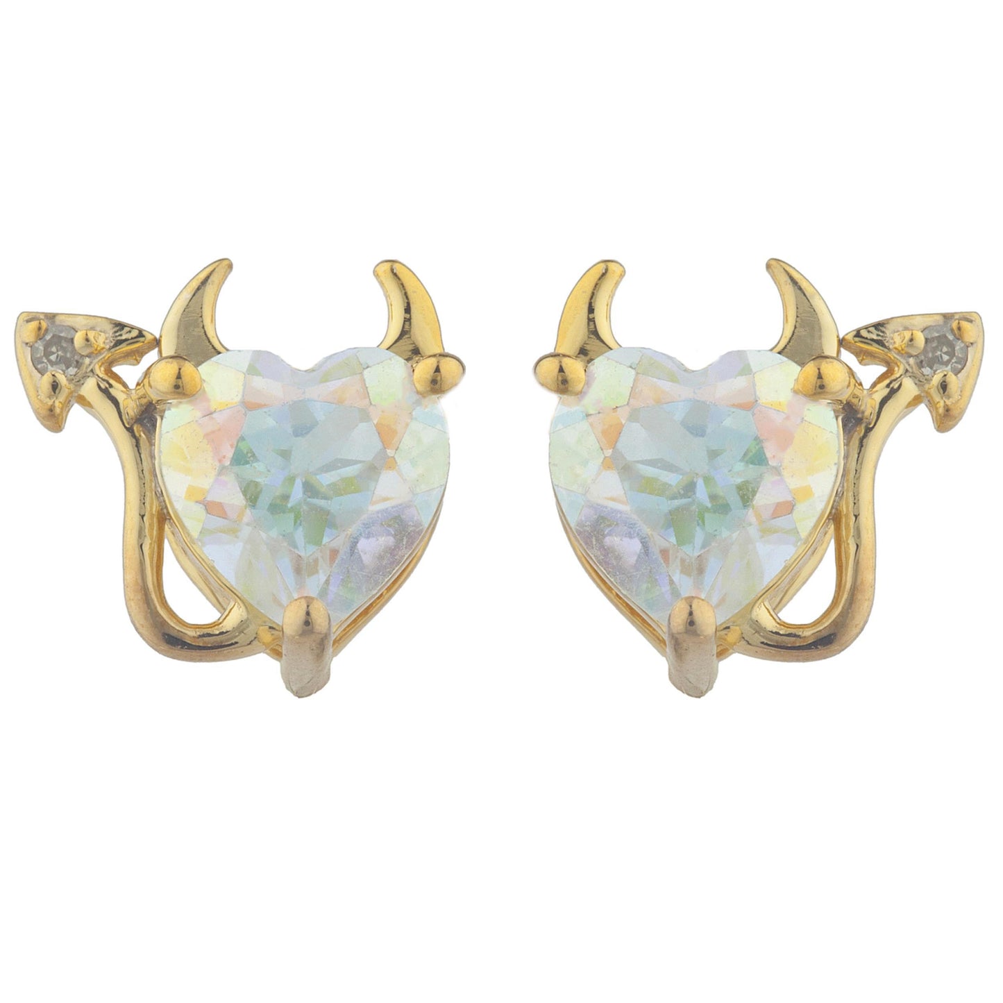 Natural Mercury Mist Mystic Topaz & Diamond Devil Heart Stud Earrings 14Kt Yellow Gold Plated