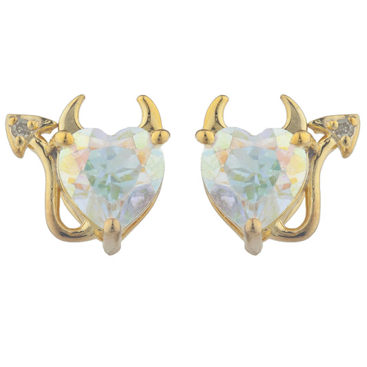 Natural Mercury Mist Mystic Topaz & Diamond Devil Heart Stud Earrings 14Kt Yellow Gold Plated