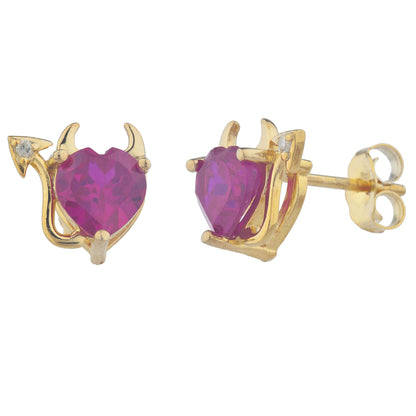 Created Ruby & Diamond Devil Heart Stud Earrings 14Kt Yellow Gold Plated