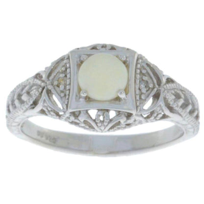 Genuine Opal & Diamond Round Ring .925 Sterling Silver