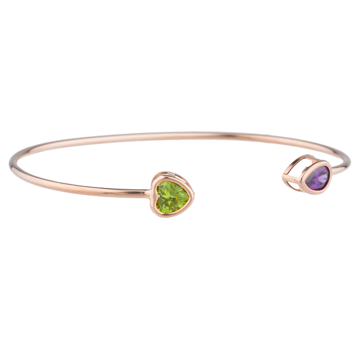 Peridot Heart & Amethyst Pear Bezel Bangle Bracelet 14Kt Rose Gold Plated Over .925 Sterling Silver