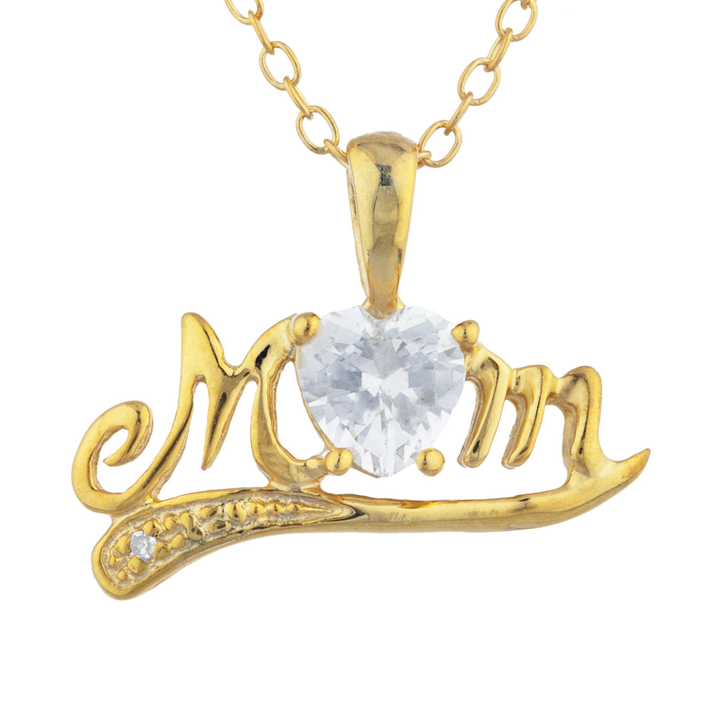 14Kt Gold White Sapphire & Diamond Heart Mom Pendant Necklace
