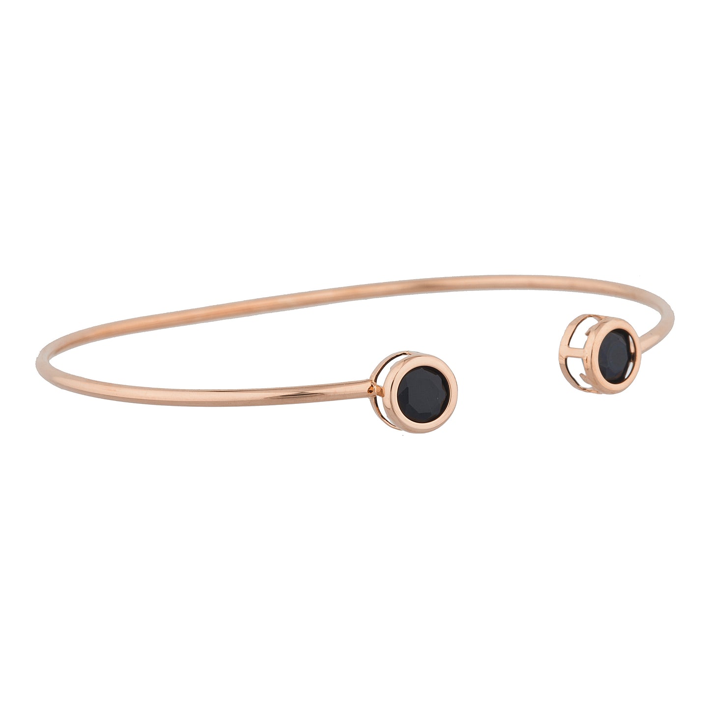 14Kt Rose Gold Plated Genuine Black Onyx Round Bezel Bangle Bracelet