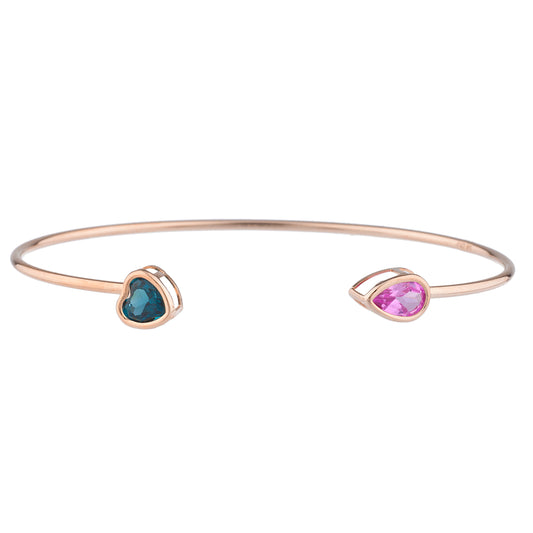 London Blue Topaz Heart & Pink Sapphire Pear Bezel Bangle Bracelet 14Kt Rose Gold Plated Over .925 Sterling Silver