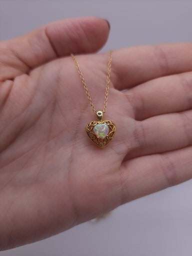 14Kt Gold Pink Opal & Diamond Heart LOVE ENGRAVED Pendant Necklace