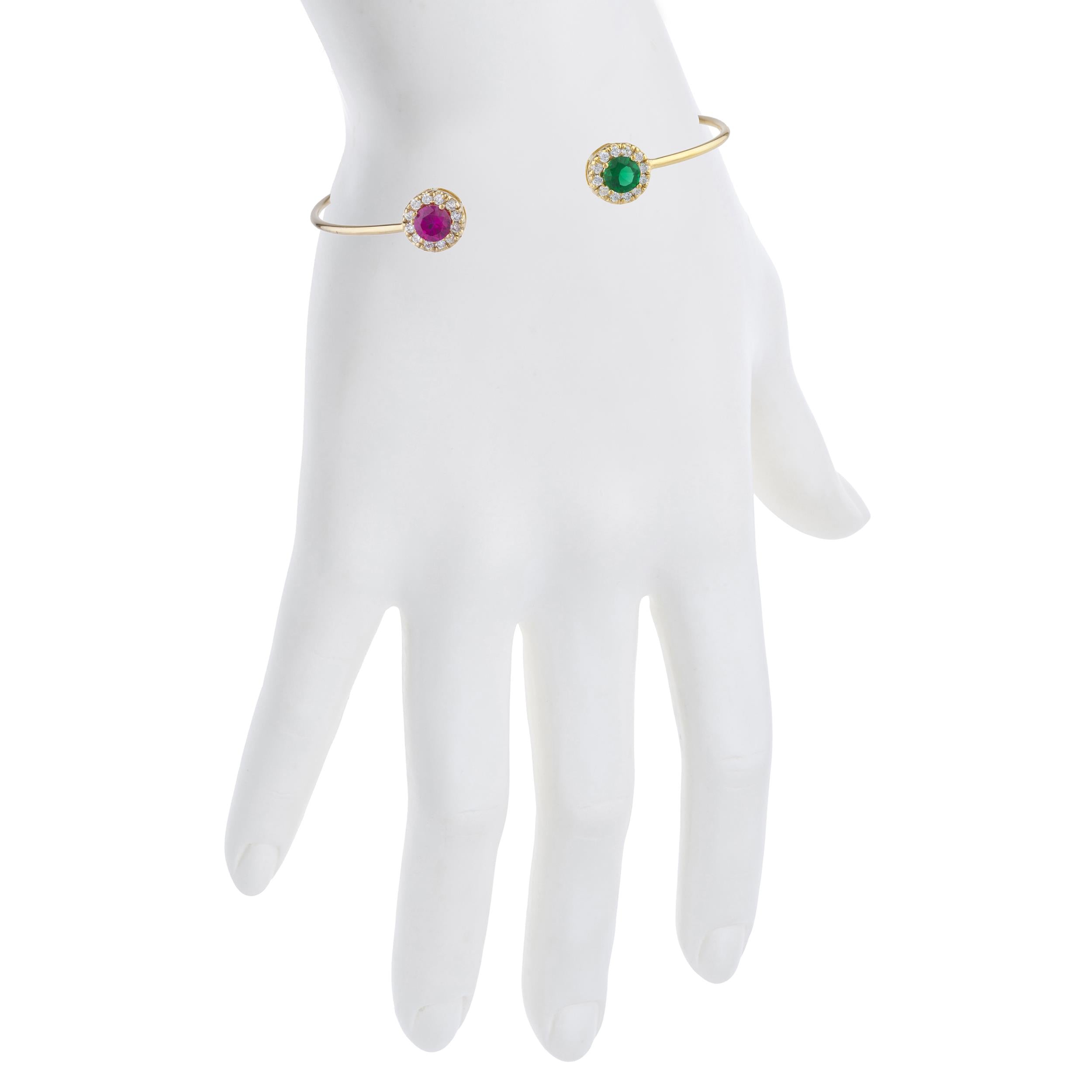 14Kt Gold Created Ruby & Emerald Halo Design Bangle Bracelet