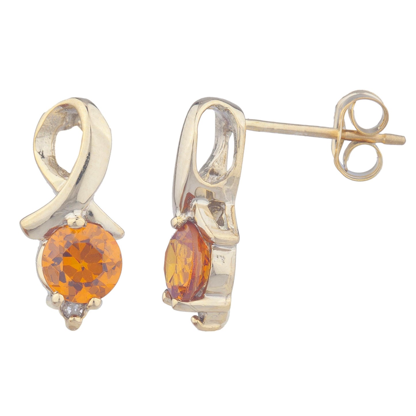 14Kt Yellow Gold Plated Orange Citrine & Diamond Round Design Stud Earrings